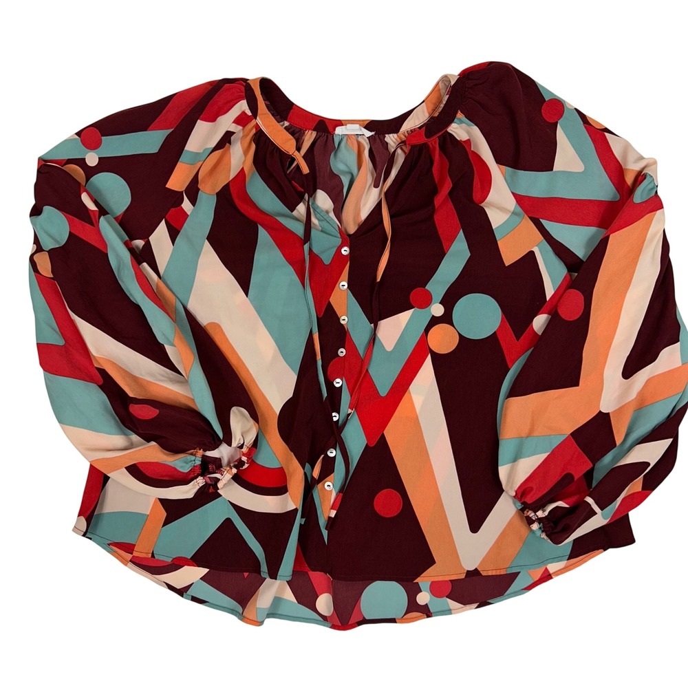 August Sky Womens Geometric Abstract‎ Print Blouse Burgundy Teal RTH2011 Size L